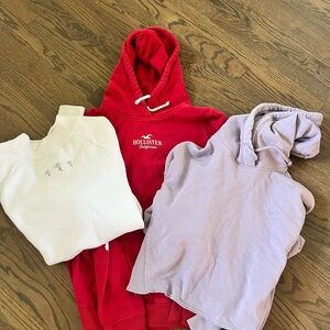 Hollister Red, Cream, and Light Purple Hoodies